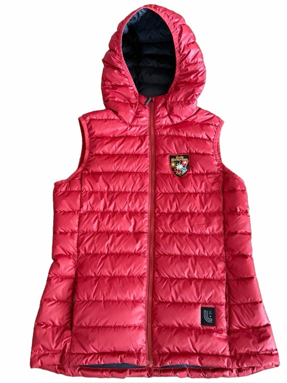 Lole Women S/P Red Hooded Duck Down Puffer Sleeveless Vest Switzerland Cozy Core